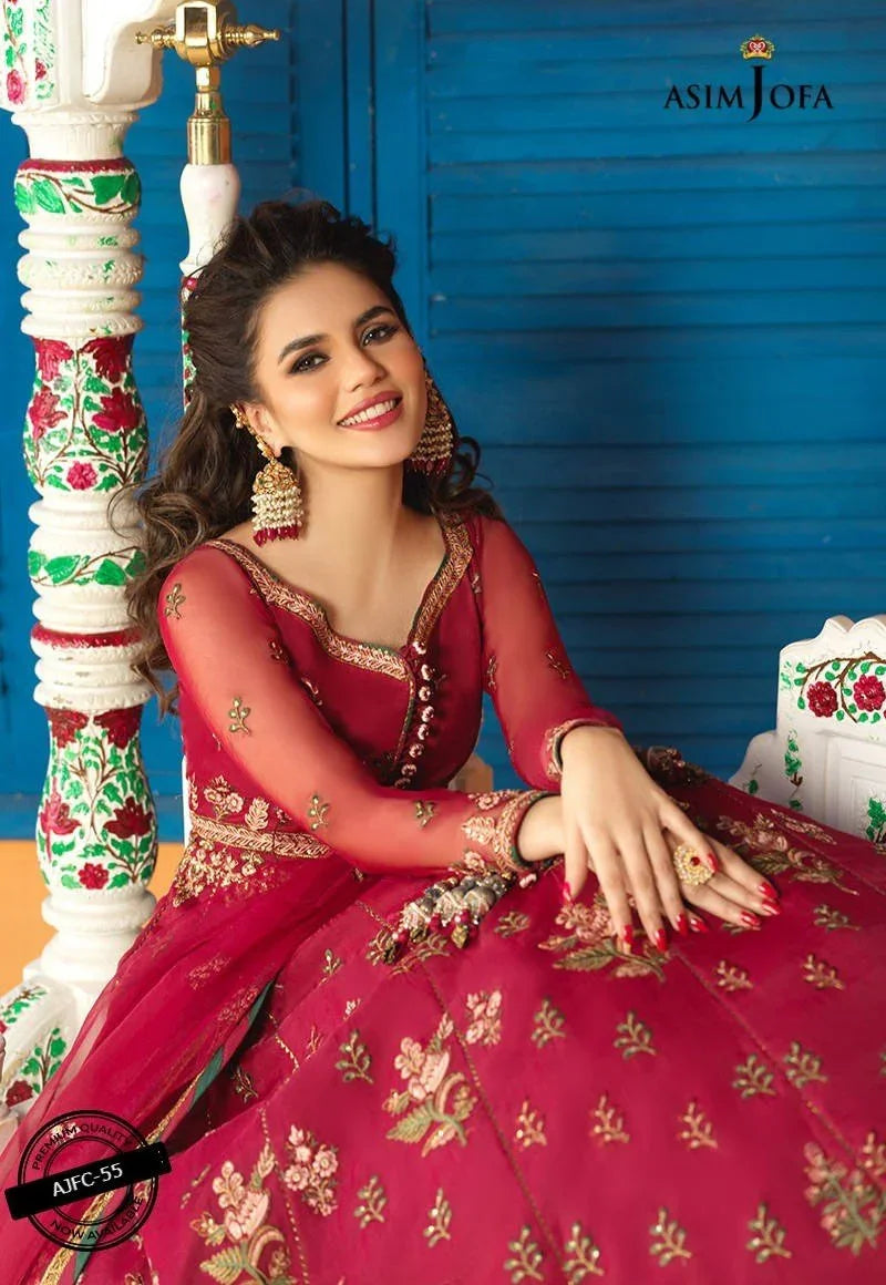 Asim Jofa 3 Piece Embroidered Suit - Cherry Red AJFC-55