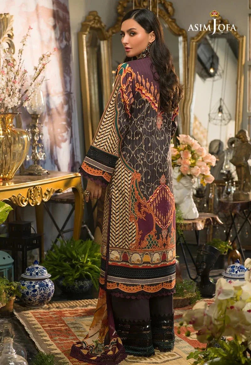 Asim Jofa 3 Piece Printed Suit - AJPR-10 DEEP PLUM AND BLACK