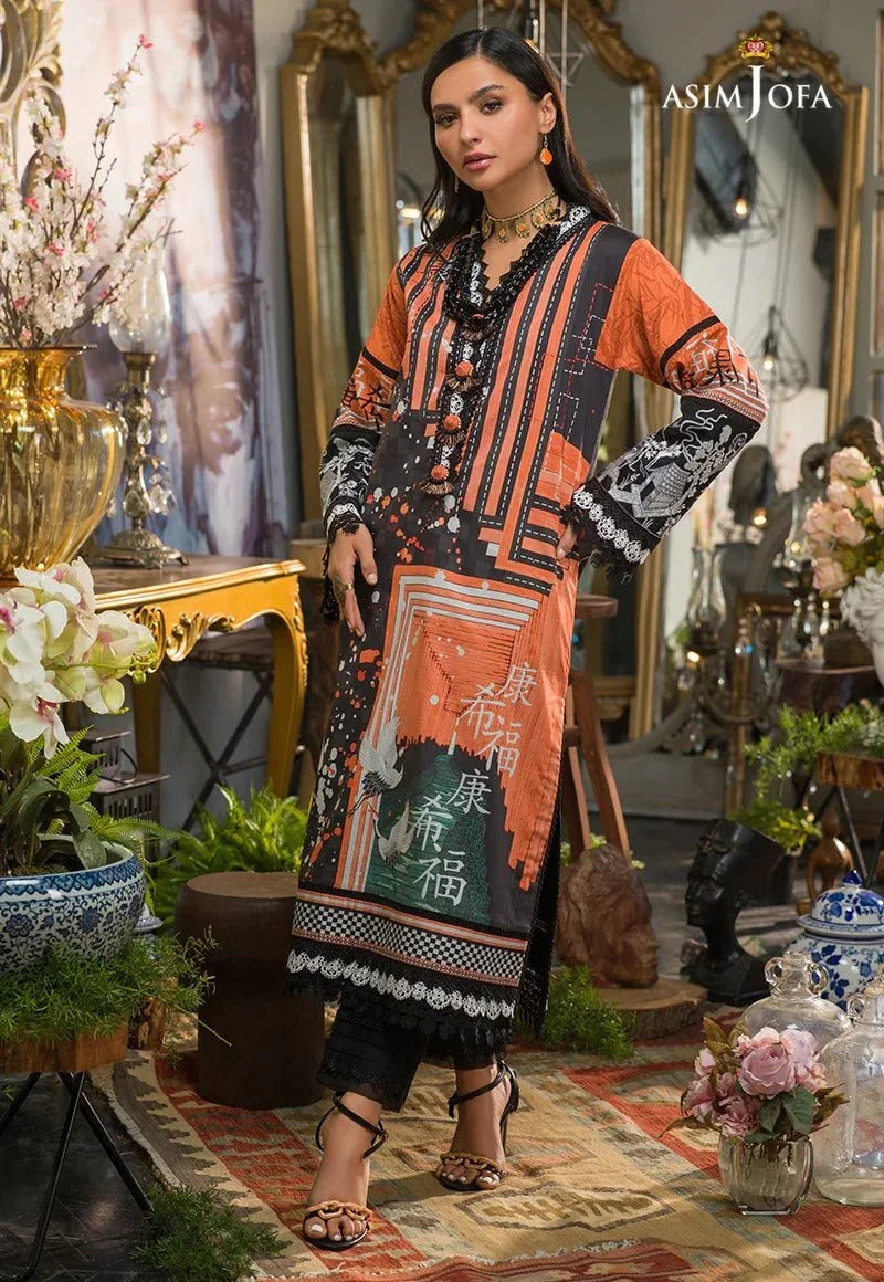 Asim Jofa 1 Piece Printed Suit - AJPR-29 BURNT ORANGE AND BLACK