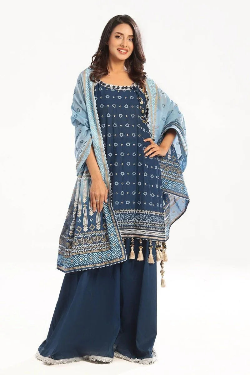 Gul Ahmed 3 Piece Unstitched Zari Embroidered Lawn Suit with Gold Lacquer Printed Lawn Dupatta CL-52444