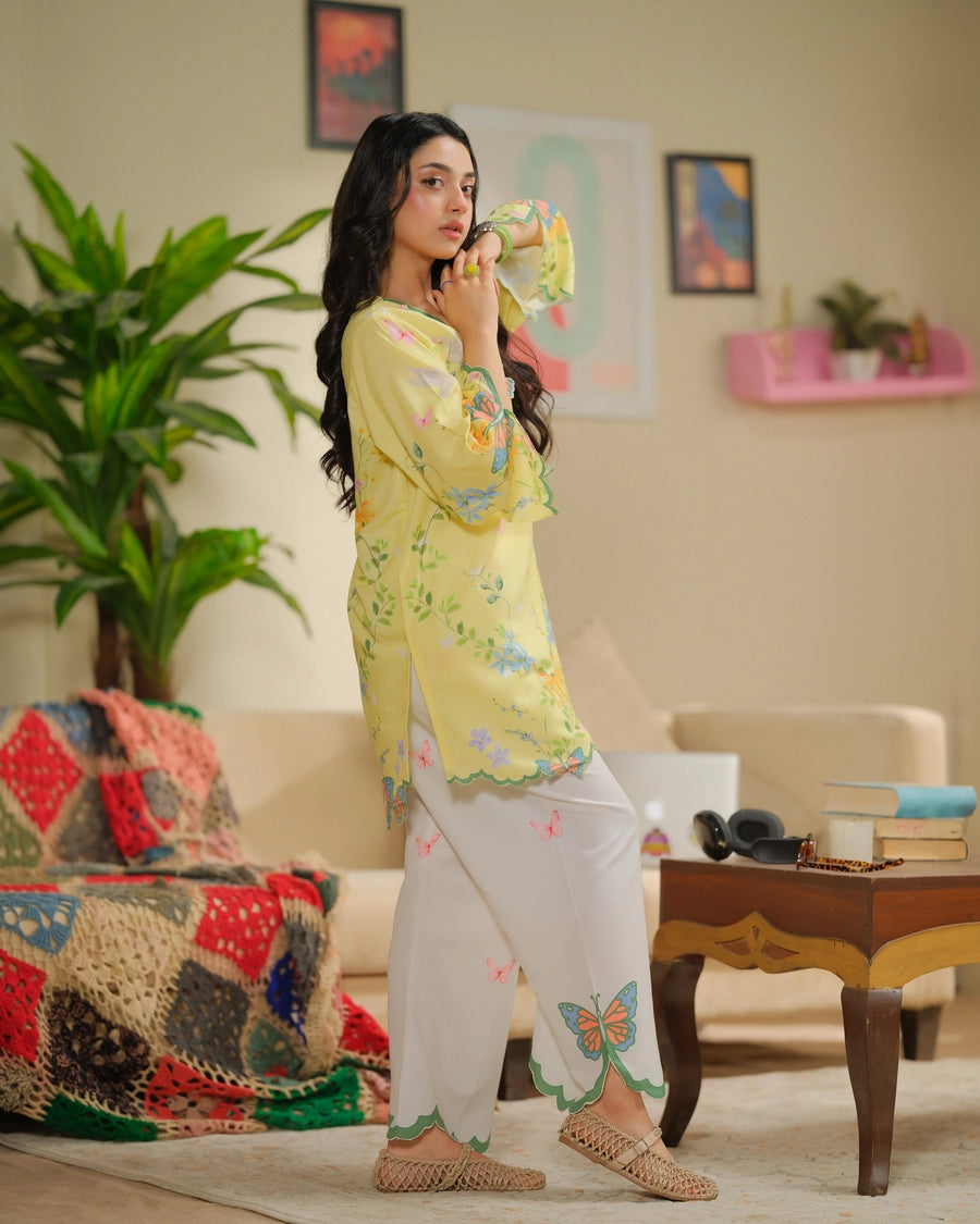 Dhaga 2 Piece Ready to Wear intricate cutwork Suit - Creme Brulee