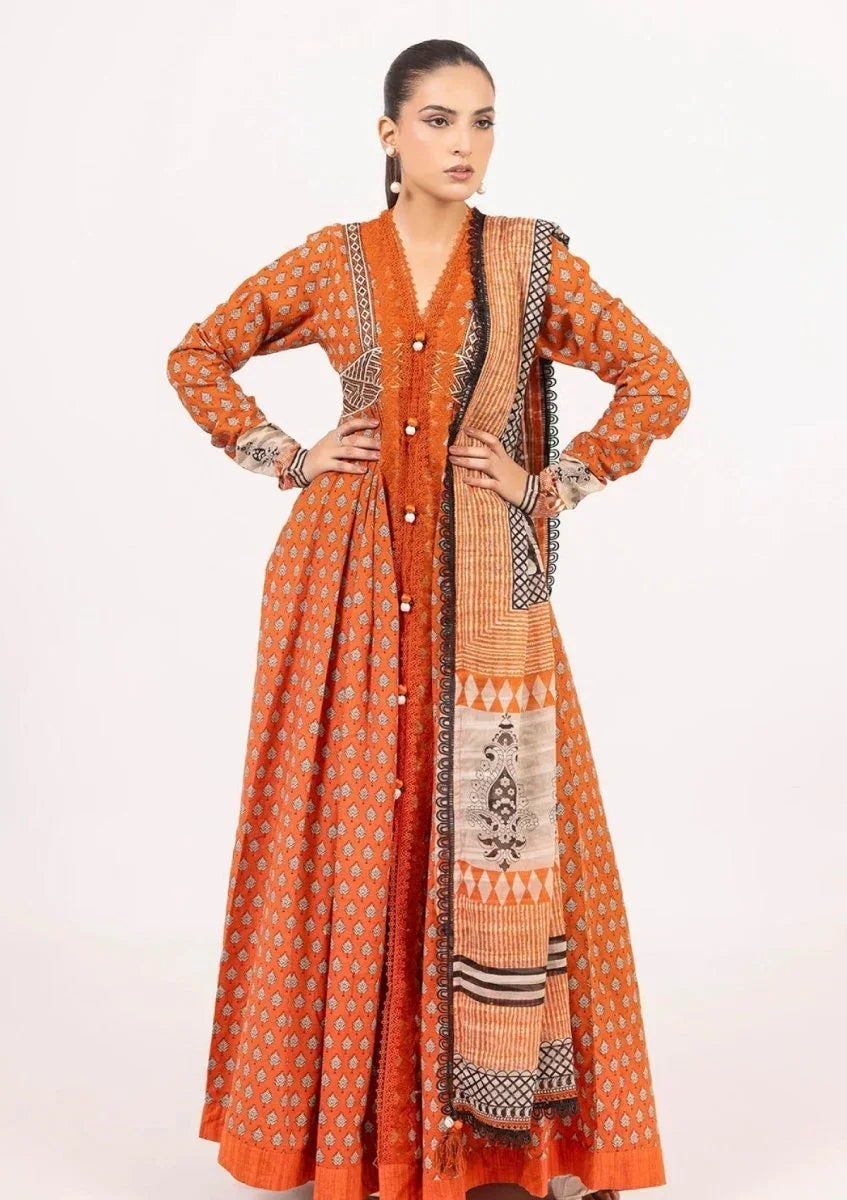 Gul Ahmed 3 Piece Unstitched Printed Embroidered Khaddar Shirt With Printed Stripe Khaddar Dupatta K-52019