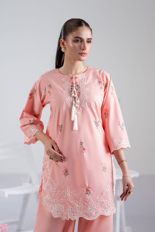 Dor 2 Piece Ready to Wear Embroidered Co-Order Set - Peach Blossom