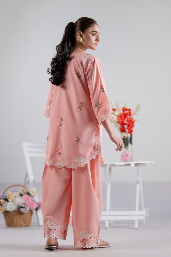 Dor 2 Piece Ready to Wear Embroidered Co-Order Set - Peach Blossom