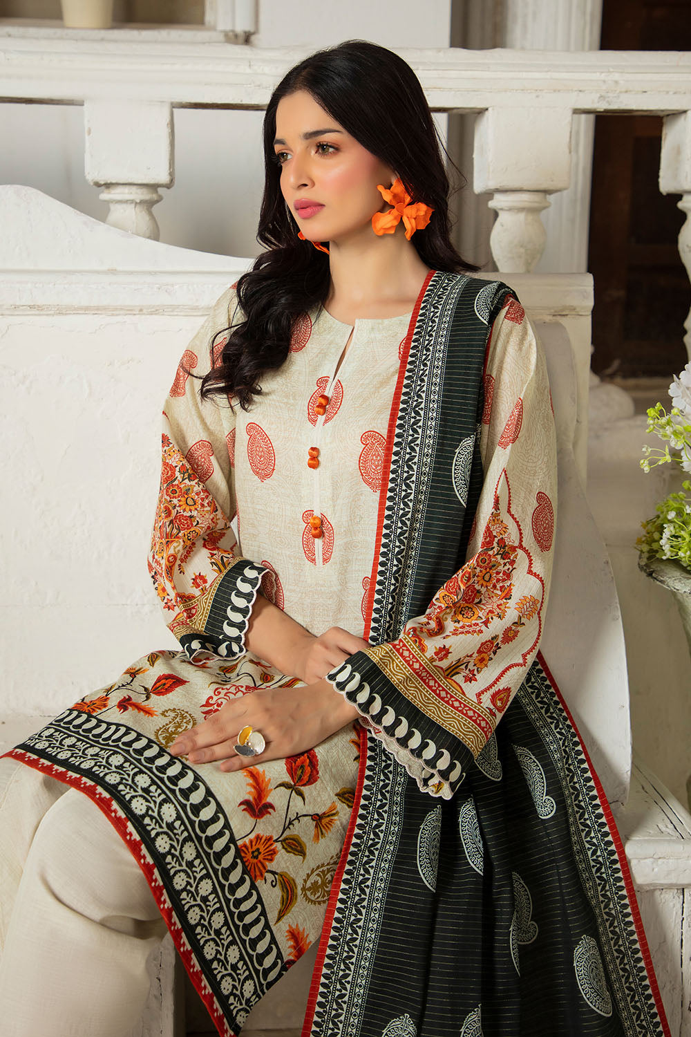Gul Ahmed 3 Piece Unstitched Printed Stripe Khaddar Suit With Dupatta SD-52176
