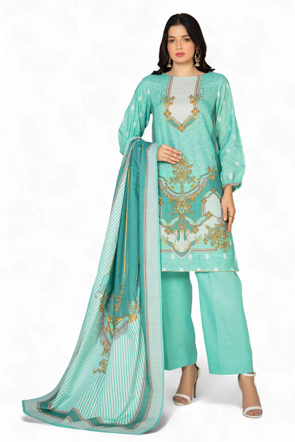 Gul Ahmed 3 Piece Unstitched Printed Stripe Khaddar Suit With Dupatta SD-52195