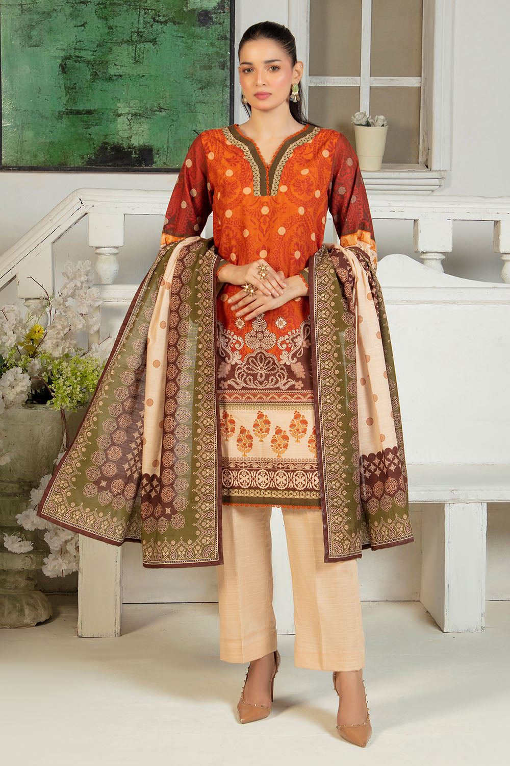 Gul Ahmed 3 Piece Unstitched Printed Zari Cotton & Khaddar Suit With Dupatta SD-52205