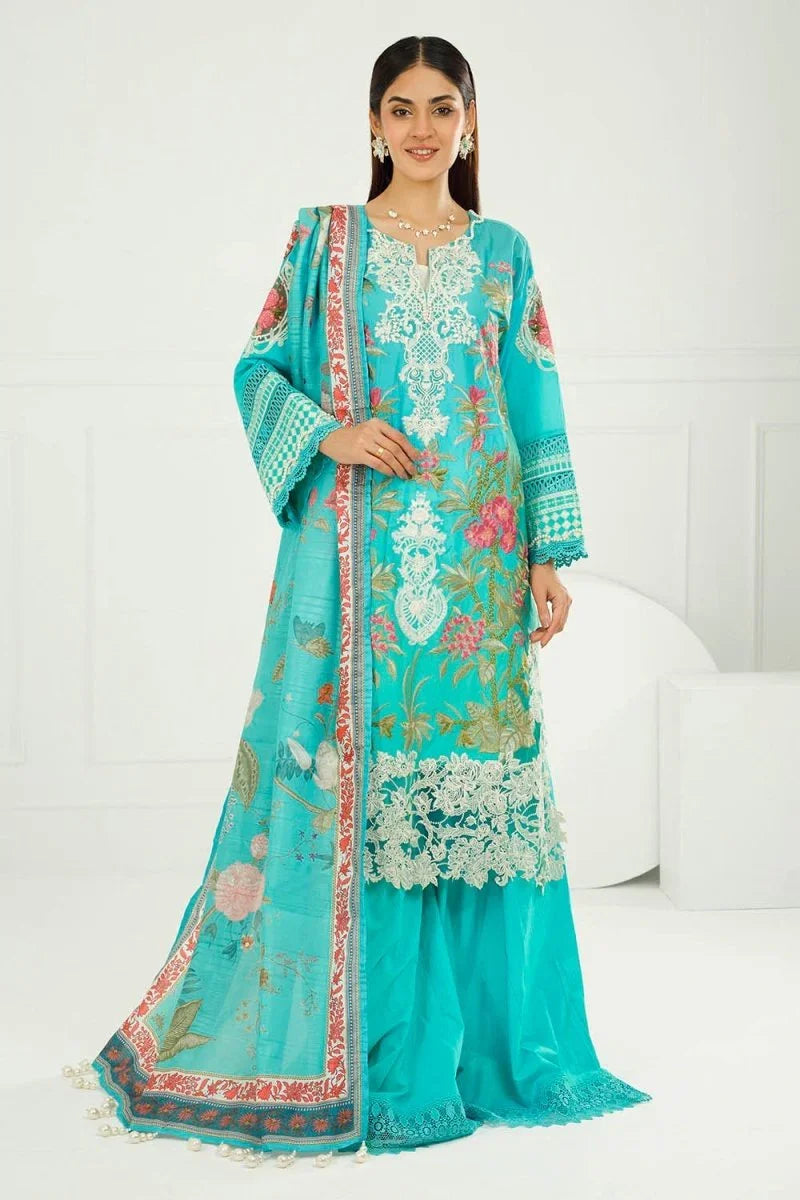 Gul Ahmed 3 Piece Unstitched Embroidered Printed Lawn Suit with Printed Tussar Silk Dupatta SP-52045
