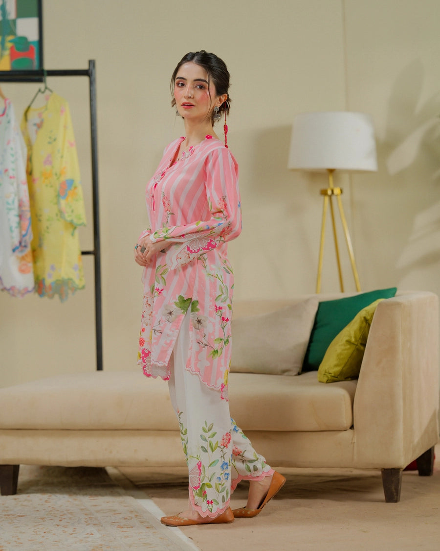 Dhaga 2 Piece Ready to Wear Intricate Cutwork Suit - Strawberry Matcha