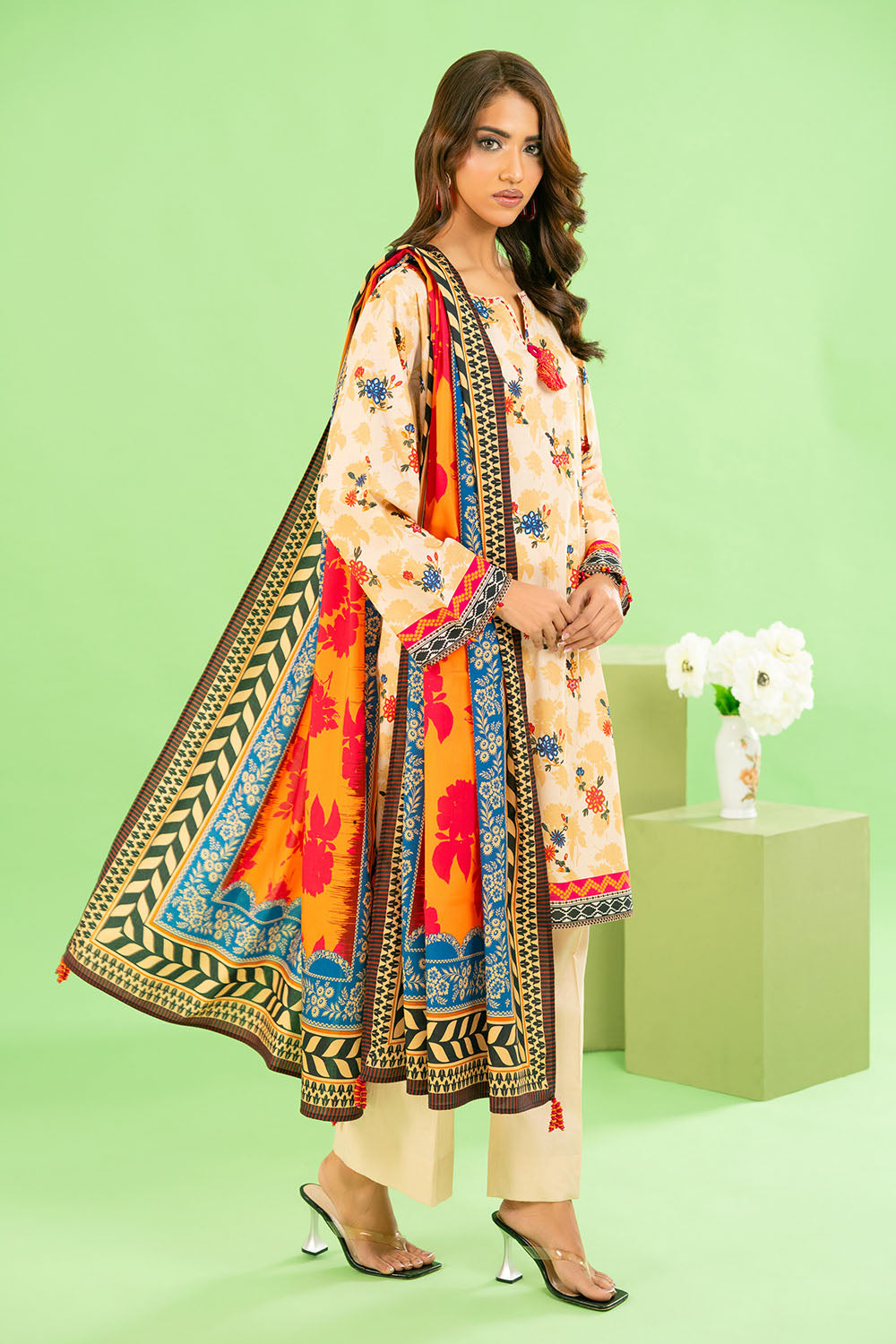 Gul Ahmed 3 Piece Unstitched Printed Cotton Linen Suit With Dupatta WNS-52046